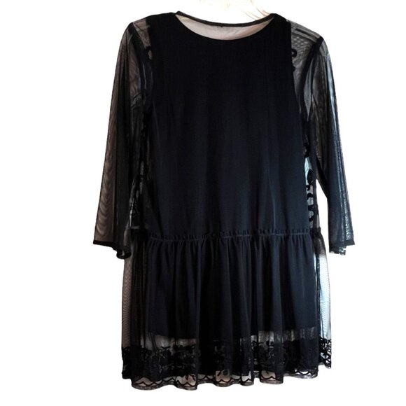 LOGO Lavish Black Sleeveless Cotton Tank w/Sheer Black Lacy Overlay, Size XXS - Picture 2 of 7